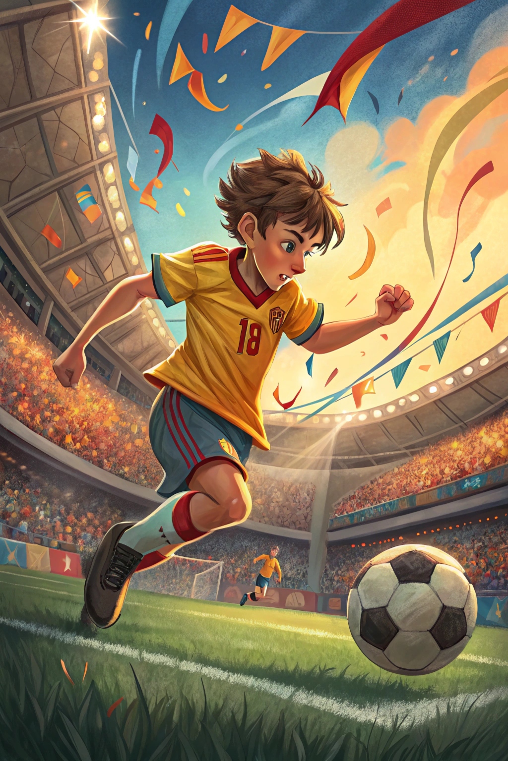Boy playing soccer in epic stadium